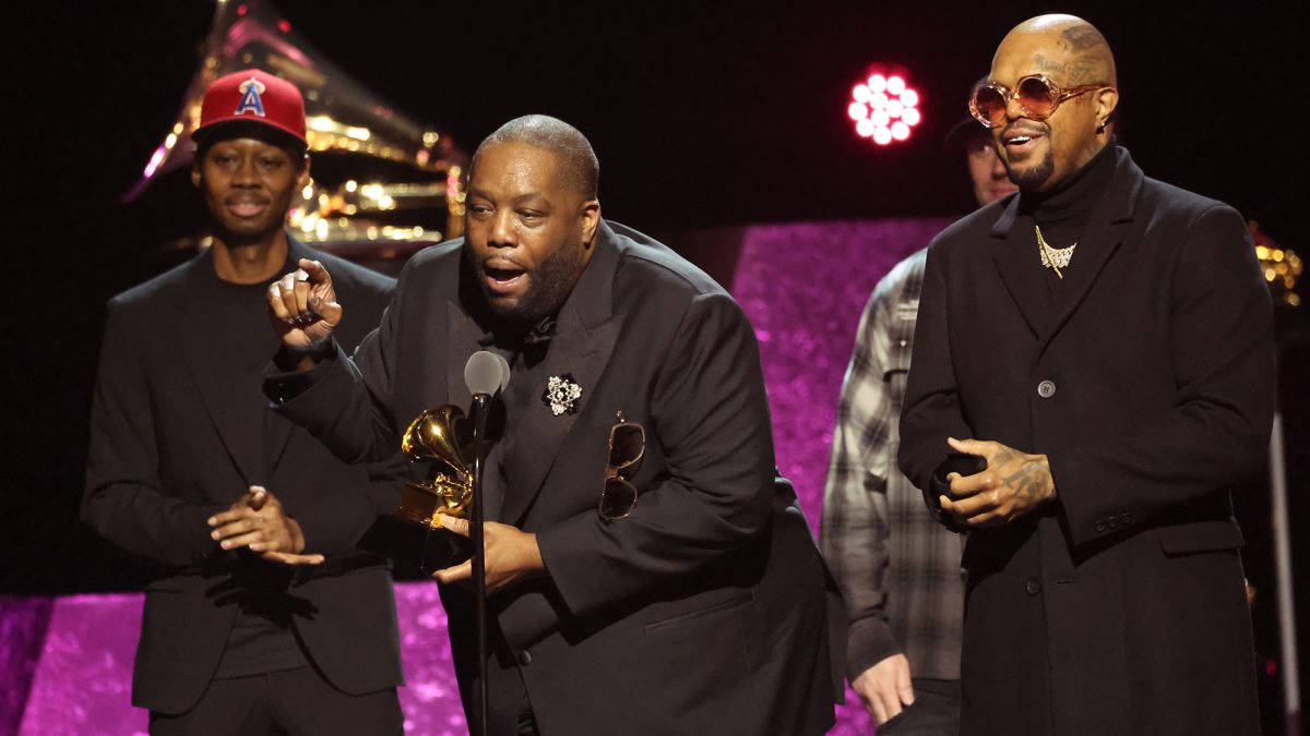 Rapper Killer Mike excitedly giving his speech after receiving Best Rap Album of the Year award at the 66th annual GRAMMY awards.