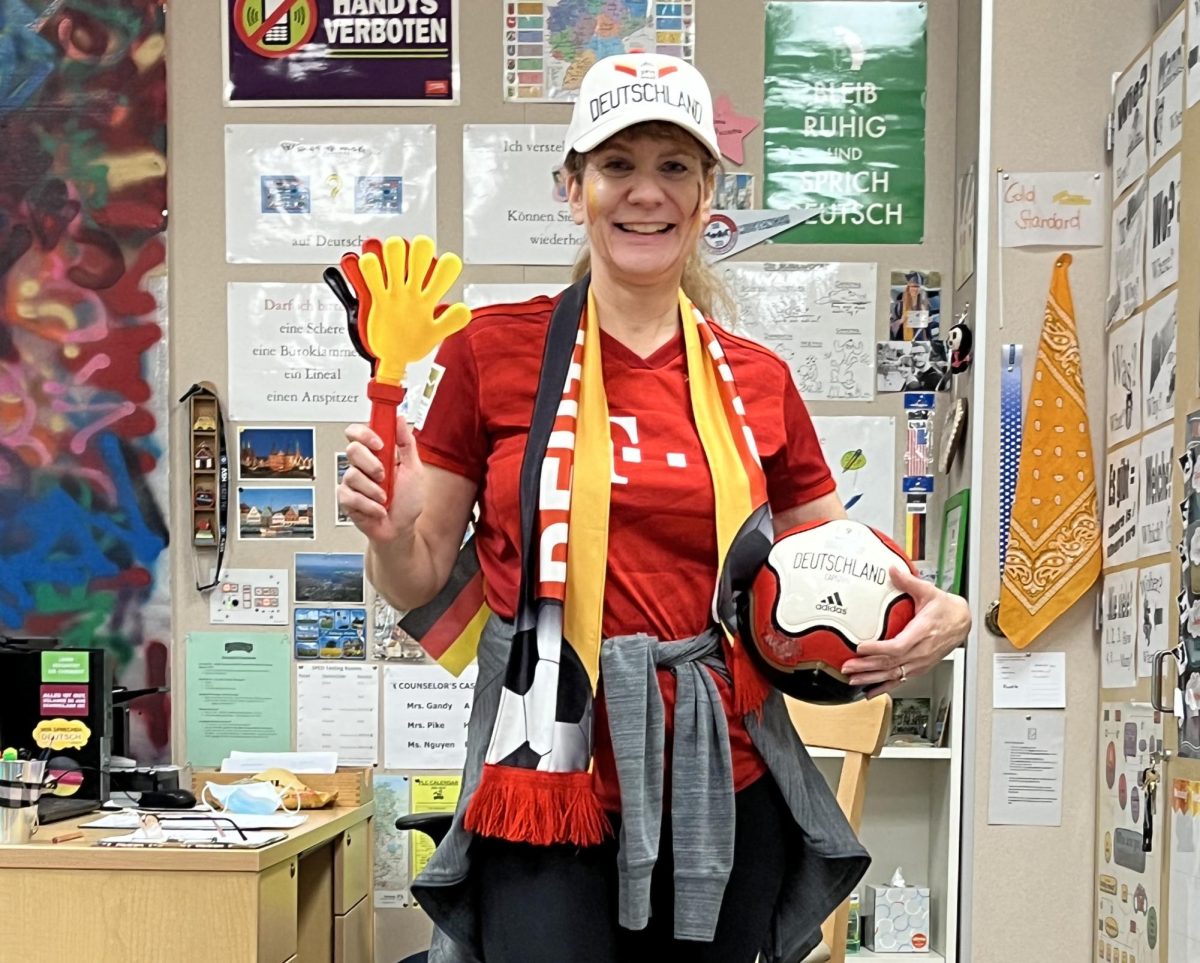 Frau Picciota, the German teacher at YLHS, excited to cheer for her favorite soccer team!
