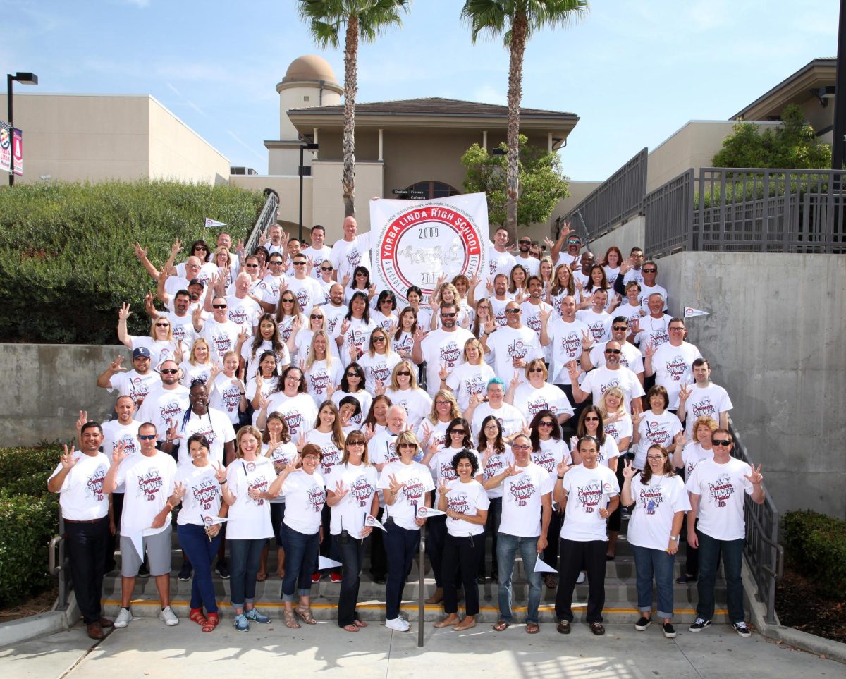 The Yorba Linda staff celebrating a decade of the school at the lower quad.