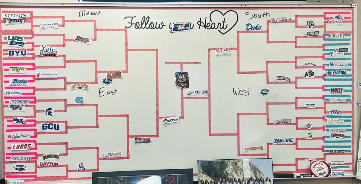 The March Madness bracket is displayed on the whiteboard in Mrs. Chavez’s room.