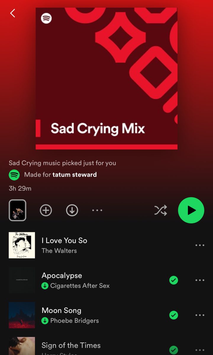 A screenshot from my very own Spotify, a sad playlist that was curated just for me. 