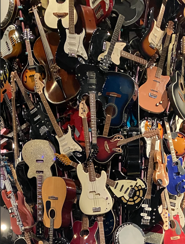 A tower of guitars at the Museum of Pop Culture in Seattle, Washington.