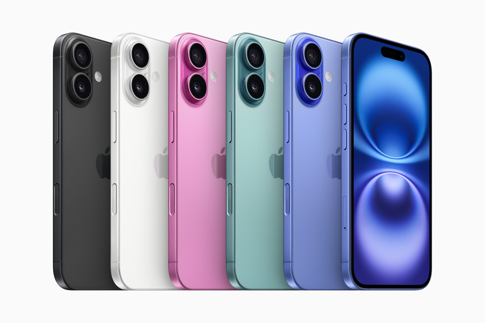 iPhone 16 and iPhone 16 Plus colors. From left to right: Black, White, Pink, Teal, and Ultramarine. 