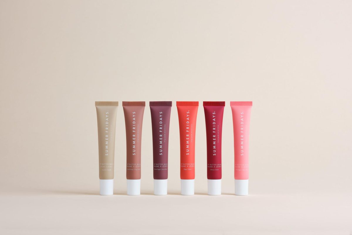 The Summer Fridays Lip Butter Balm in shades Vanilla, Vanilla Beige, Brown Sugar, Poppy, Cherry, and Pink Sugar (left to right).
