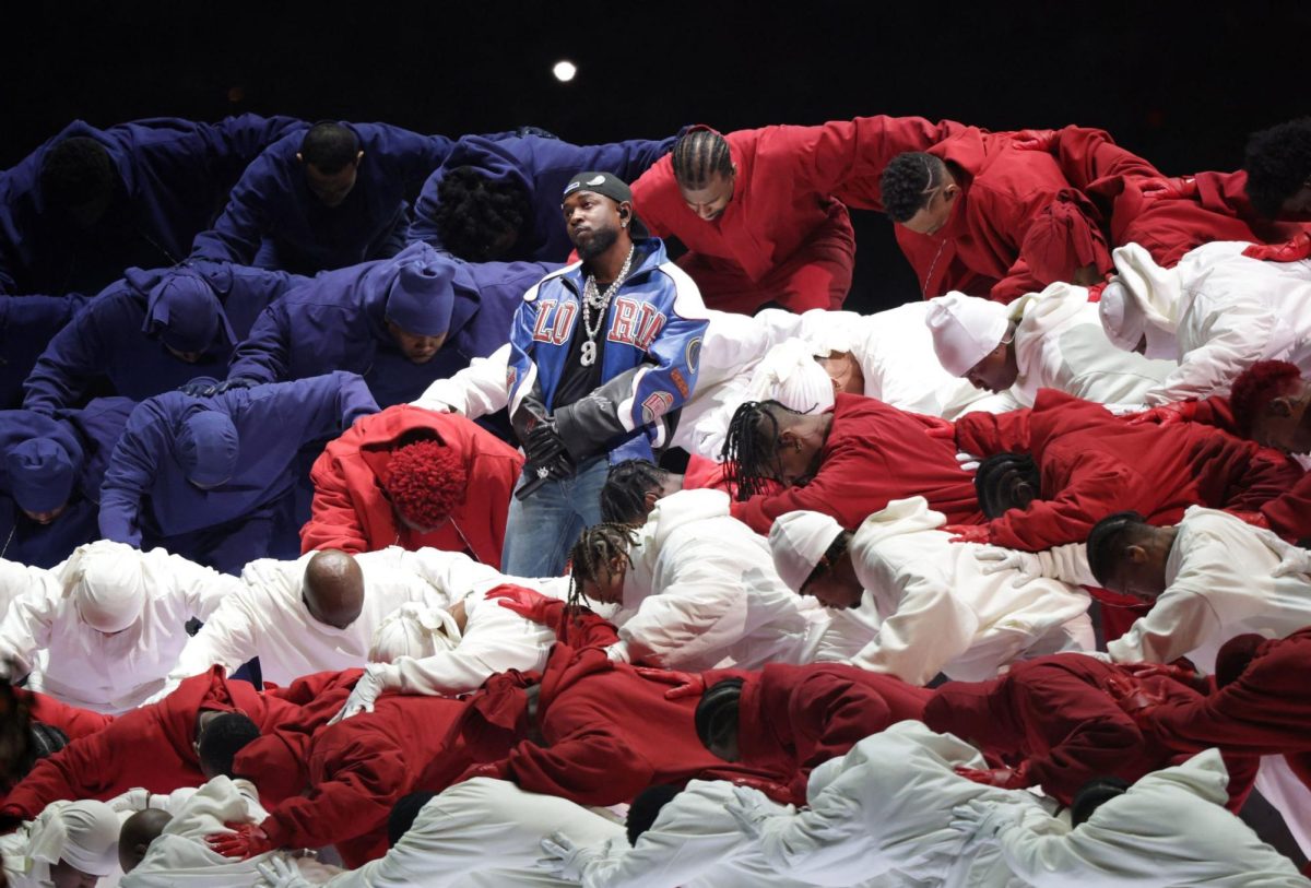 Kendrick Lamar's performance during the song "Humble" as the dancers gather to form the American flag.