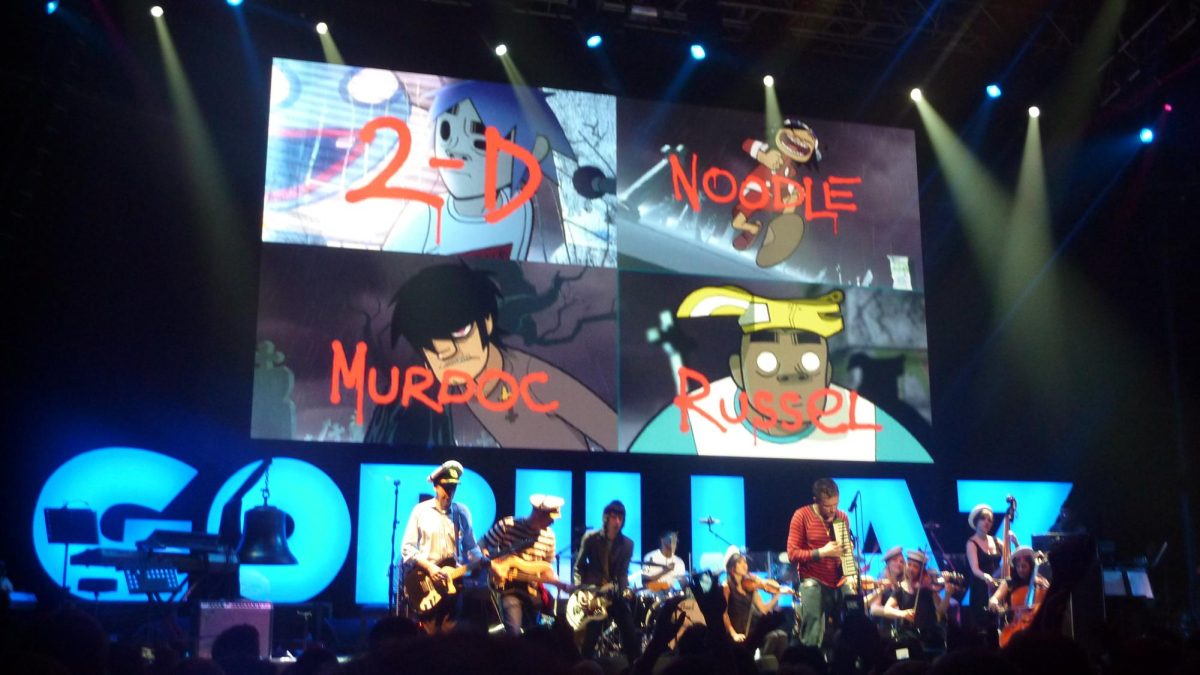 The Gorillaz consist of four animated members, 2-D, Murdoc Niccals, Noodle, and Russel Hobbs. Gorillaz by wonker is licensed under CC BY 2.0.