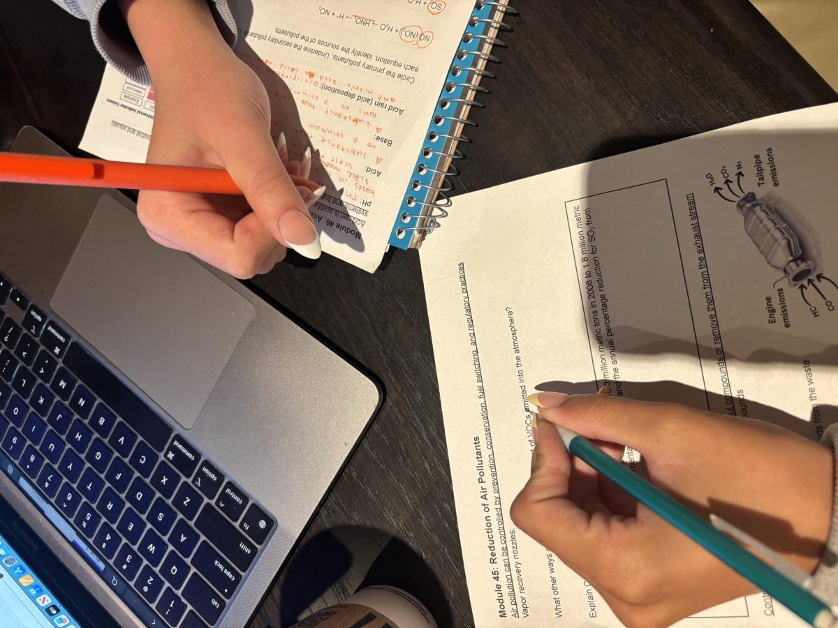 Two friends, focused on completing homework with opposite hand dominance 