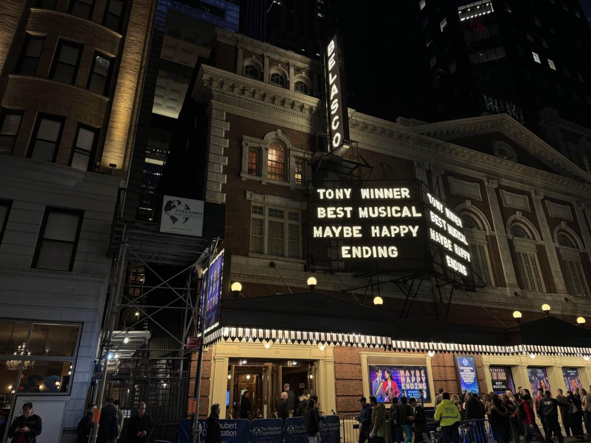 The marquee for Maybe Happy Ending highlights its Tony Award win for Best Musical.