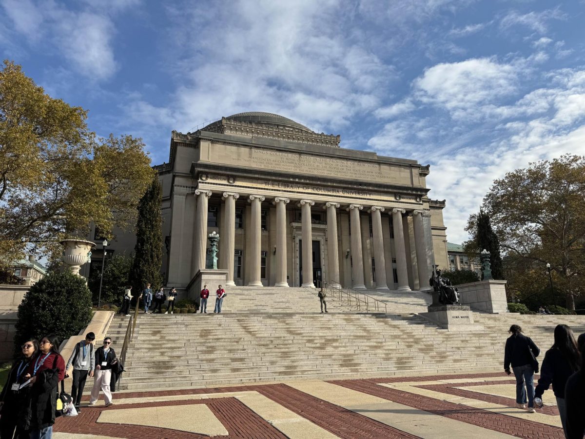 The Columbia University library overlooks the busy campus walkway.