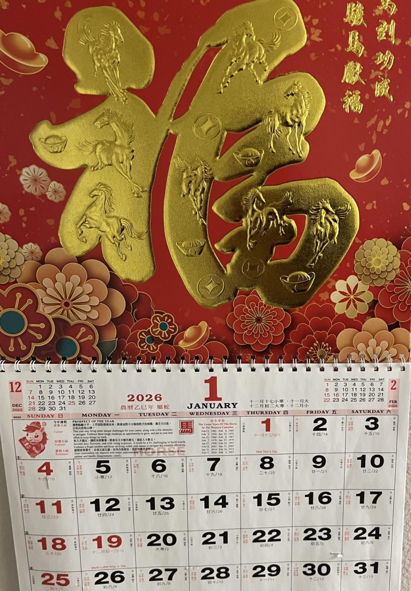 This image displays a common Lunar New Year Calendar with a horse in the middle to symbolize the current Year of the Horse.
