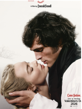Margot Robbie and Jacob Elordi pose as Catherine Earnshaw and Heathcliff for the movie poster of Wuthering Heights. 