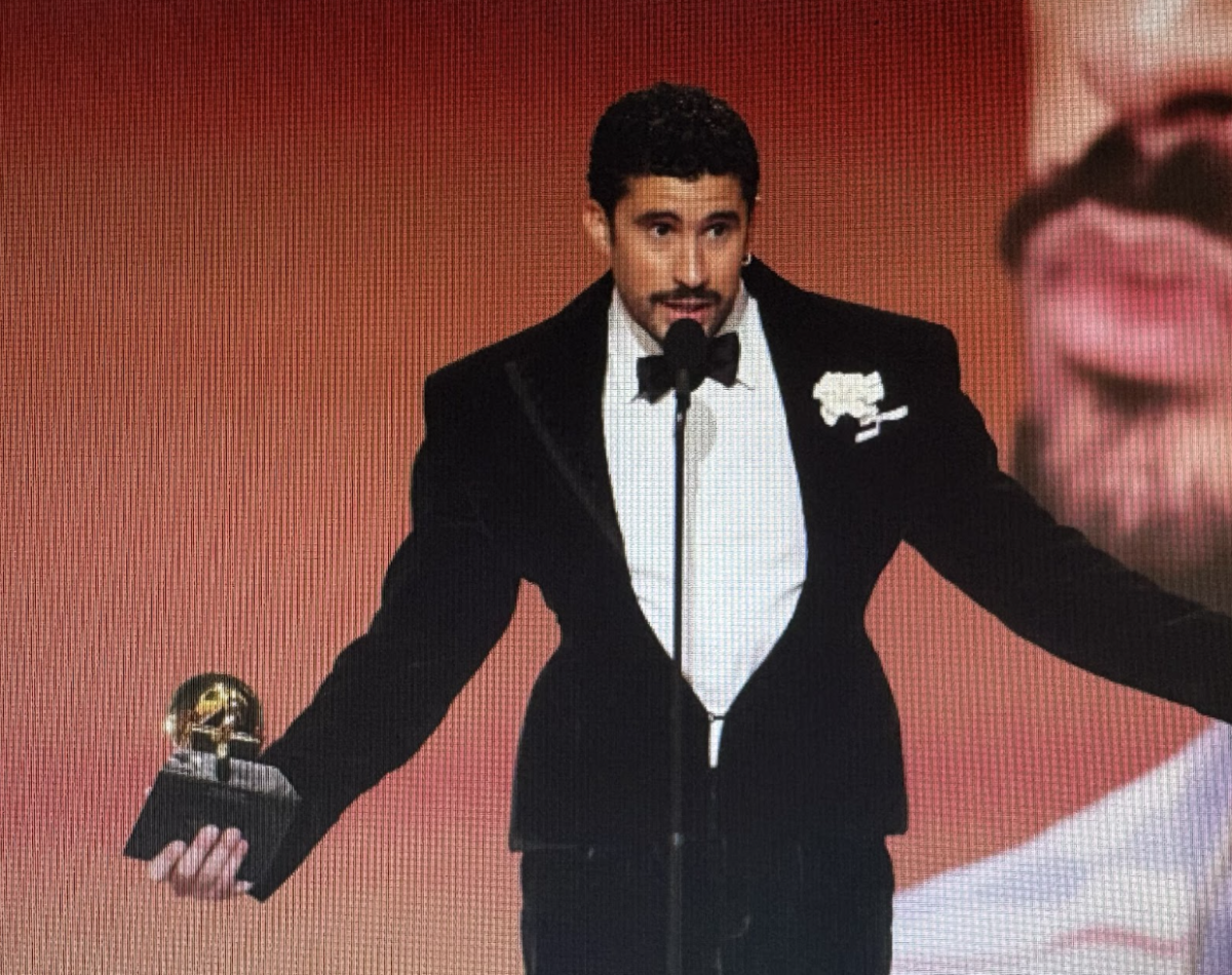 This picture captures Bad Bunny giving his speech after he won Album of the Year.