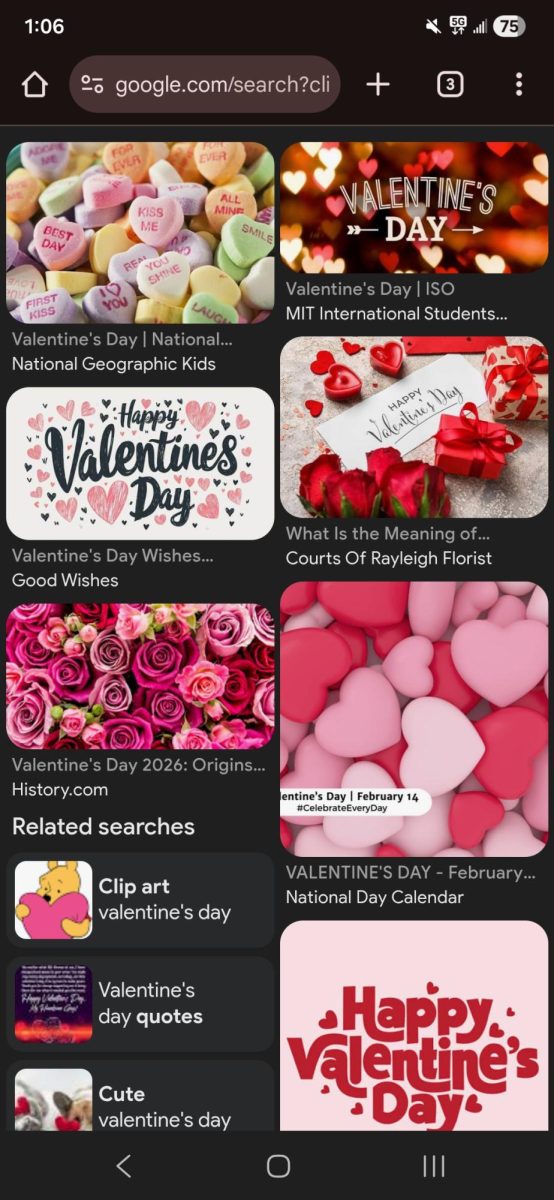 Search results for the prompt ‘Valentine’s Day’, often featuring red, white, and pink elements like hearts.