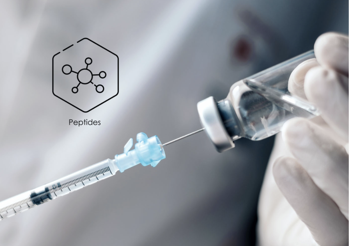 Peptides are being drawn from a container into a needle to be injected into an individual. 