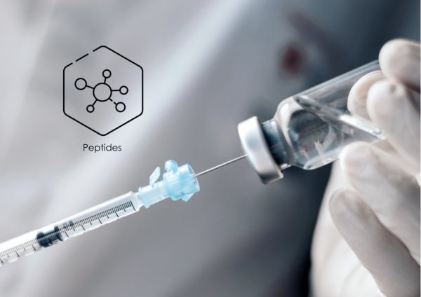 Peptides are being drawn from a container into a needle to be injected into an individual.