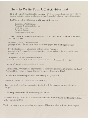 Listed above are tips on writing a college application activities lists, specifically for the University of California.

